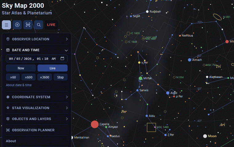 Sky Map 2000 Date and time panel with Live and time-lapse controls