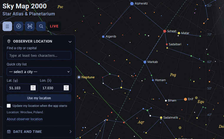 Sky Map 2000 observer location panel with city search, coordinates and device location
