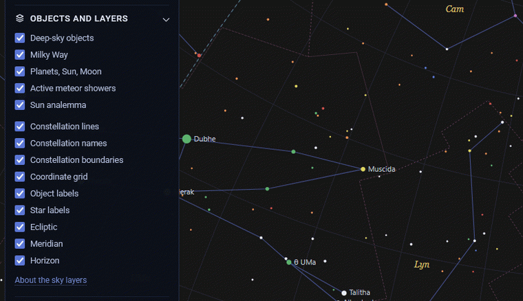 Sky Map 2000 Objects and layers panel with constellation, meteor, coordinate and label controls