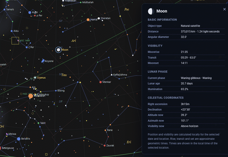 Sky Map 2000 Moon object card showing lunar phase, visibility and celestial coordinates
