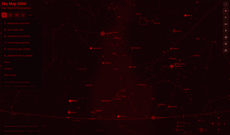 Sky Map 2000 in red Night Vision mode for dark-adapted observing