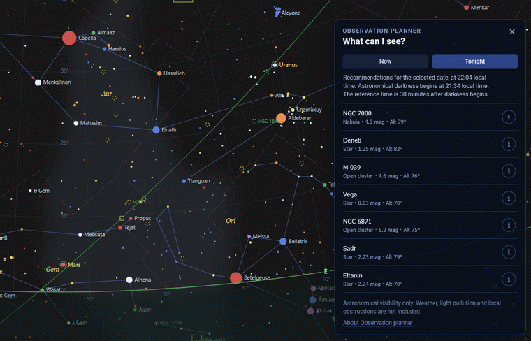 Sky Map 2000 observation planner with a recommended target list for tonight