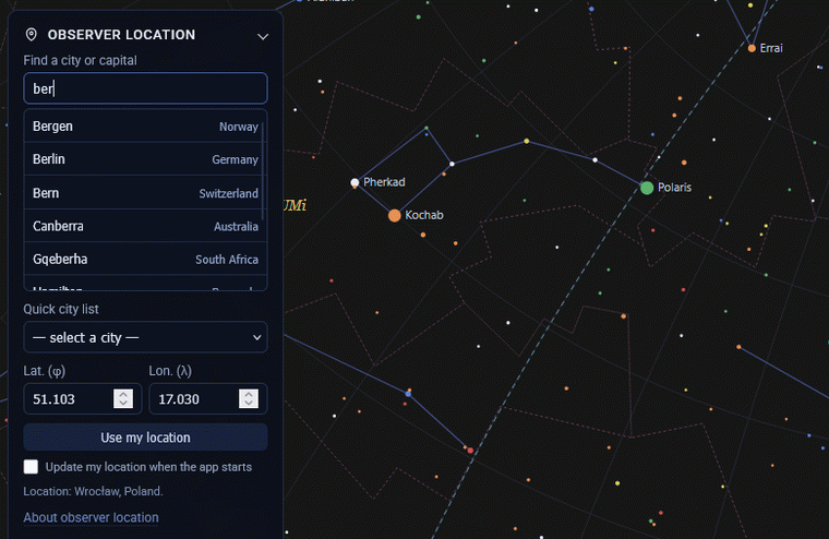 Sky Map 2000 observer location search showing matching city names and coordinates