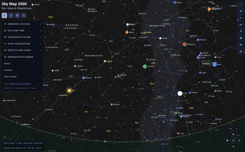 Sky Map 2000 main map with constellations, stars, horizon and map tools
