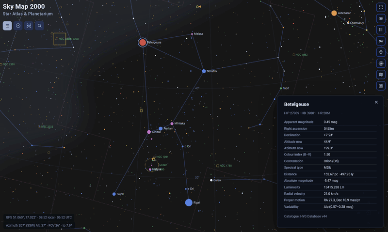 Sky Map 2000 map of Orion with constellation lines, labelled sky objects and the Betelgeuse object card