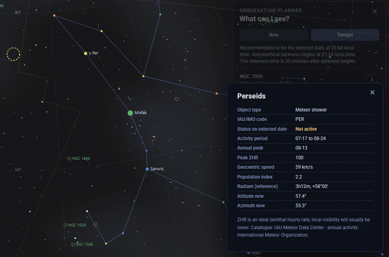 Sky Map 2000 Perseids meteor shower card with activity period, peak ZHR and radiant details