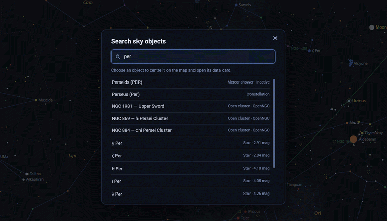 Sky Map 2000 search window with results for stars, constellations, deep-sky objects and meteor showers