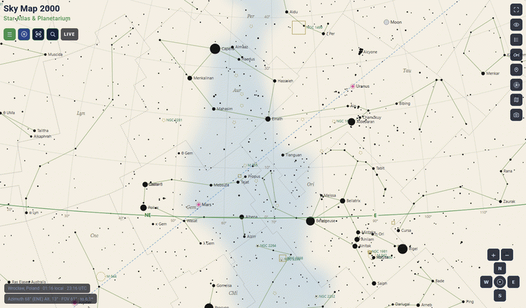 Sky Map 2000 in light Star Atlas mode with visible map controls