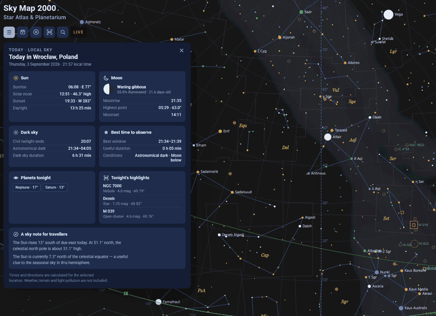 Sky Map 2000 Today panel with local Sun, Moon, darkness and observing information