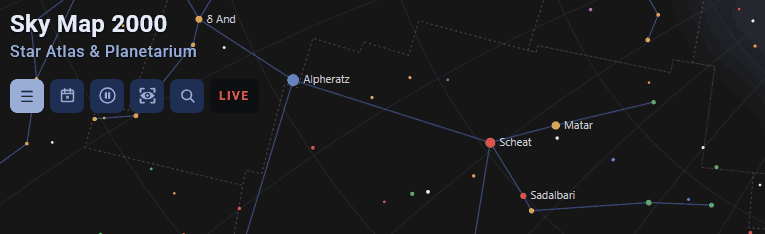Sky Map 2000 top bar with main controls, the telescope icon for Astronomy tools, Today, Live, Observation Planner and search