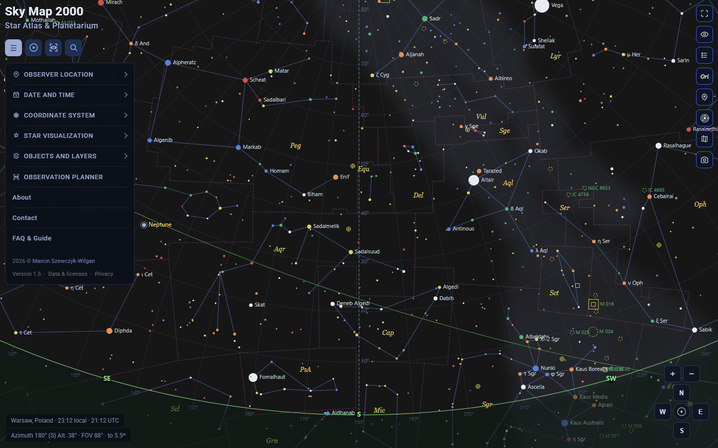 Sky Map 2000 interface with observer controls, constellation lines, stars and map tools
