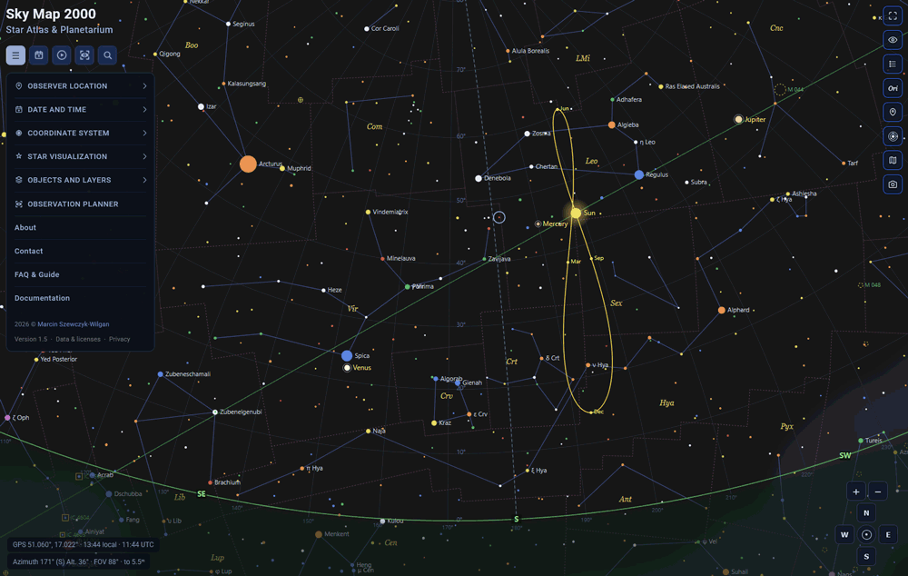 Sky Map 2000 interface with observer controls, constellation lines, stars and map tools